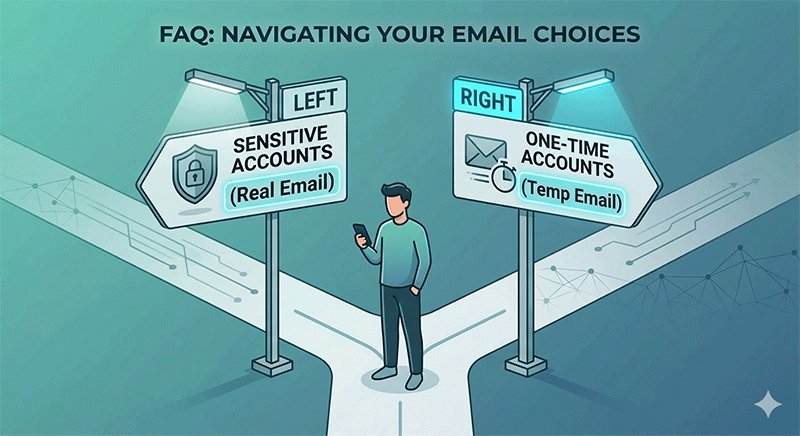 Conceptual illustration helping users decide when to use a temporary email address versus a real primary email for online account security