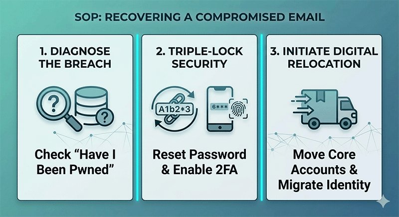 Visual checklist showing the standard operating procedure (SOP) for recovering a compromised email account, emphasizing 2FA and password resets