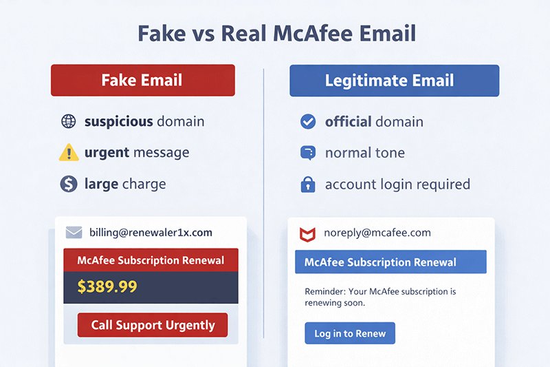 comparison between a fake mcafee scam email and a legitimate mcafee email