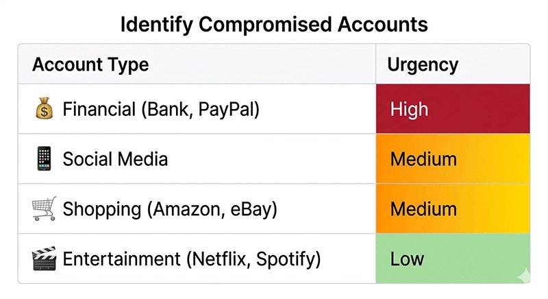 Chart showing account types and urgency after email hack: financial, social, shopping, entertainment