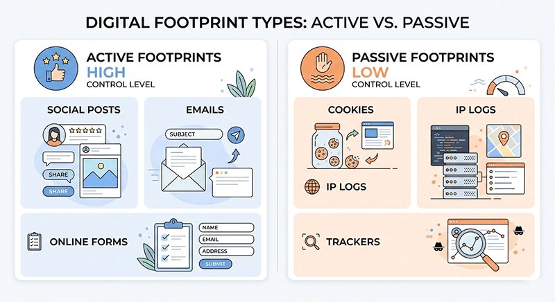 Comparison of active and passive digital footprints with examples and control levels