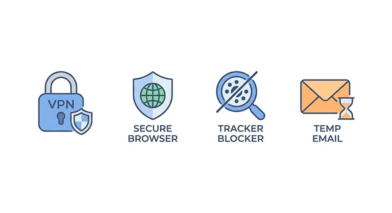 Icons of VPN, privacy-focused browser, tracker blockers, and temporary email for preventing future digital footprint