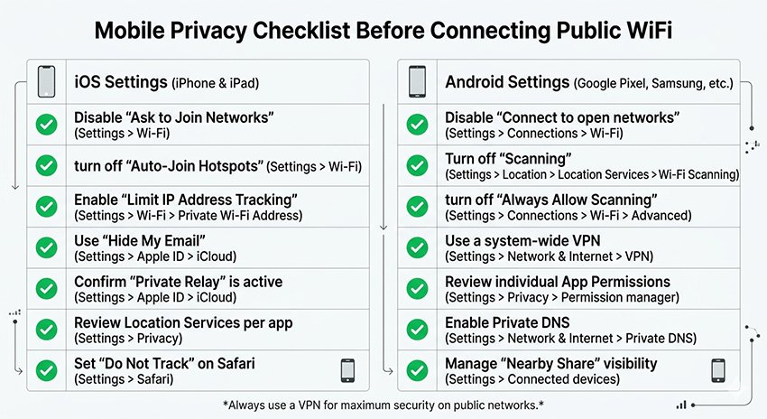 public wifi privacy checklist ios android settings