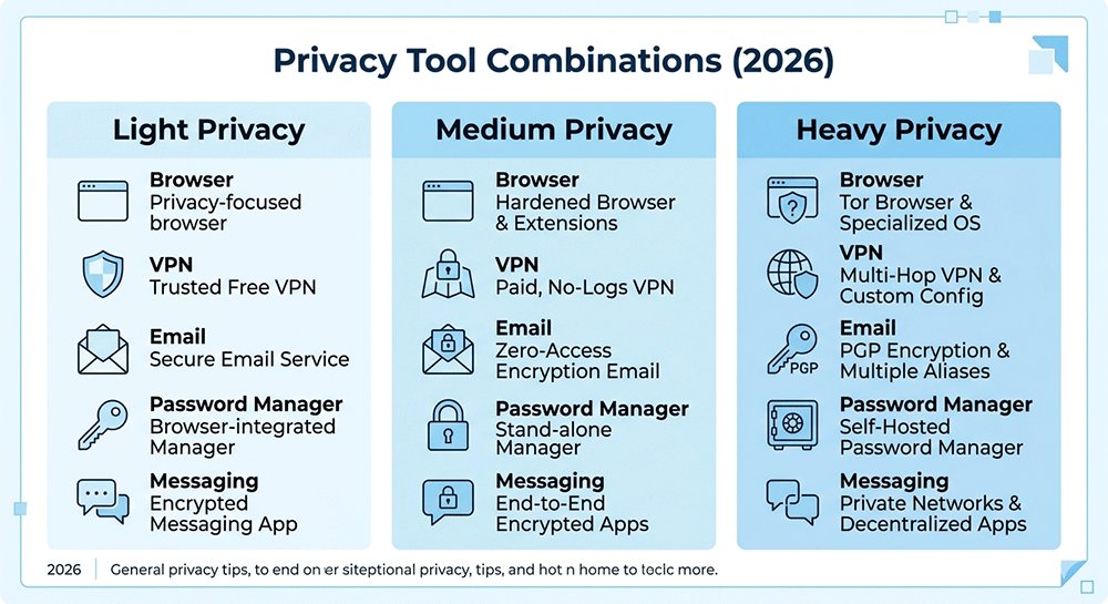 privacy tool combinations light medium heavy users browser vpn email password messaging