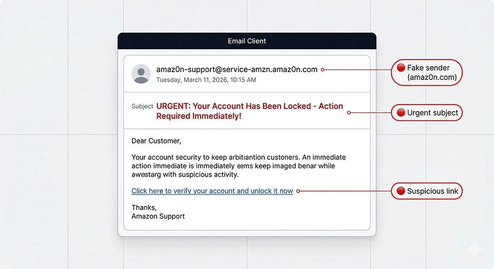 Example of Amazon phishing email highlighting fake sender, urgent subject line, and malicious link