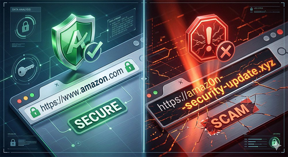 Comparison between a secure amazon.com domain and a fake shadow domain scam URL with typosquatting tricks