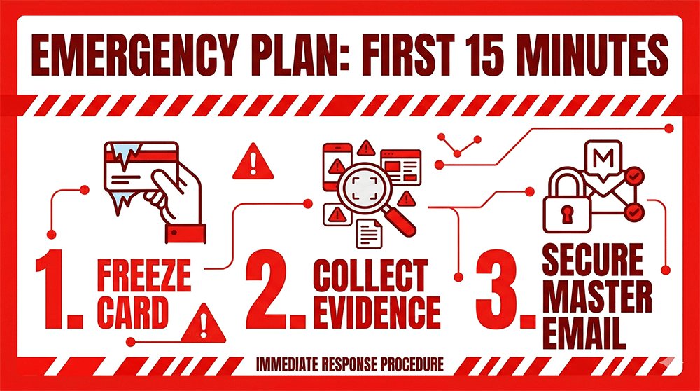 Emergency 15-minute action plan for online shopping scam victims including freezing cards and securing master email accounts