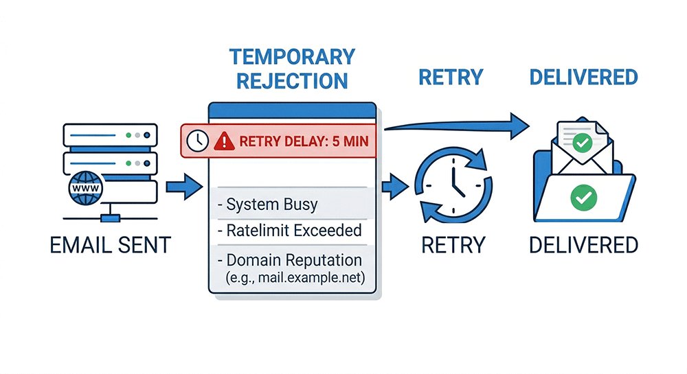 Email greylisting process showing delayed delivery and retry mechanism)