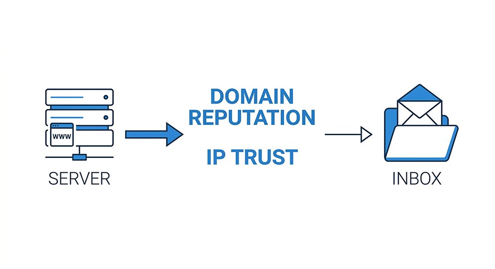 Diagram showing verification code blocked before being sent due to domain reputation and IP trust)