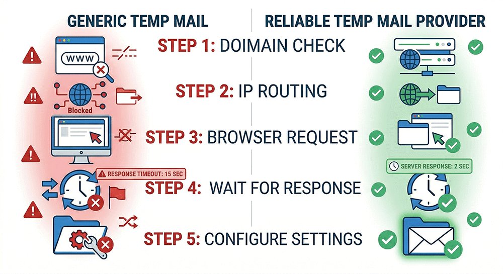 Comparison between generic temp mail and reliable temp mail provider performance)