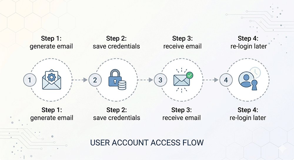 Simple flow diagram showing how login-based temporary email works across sessions