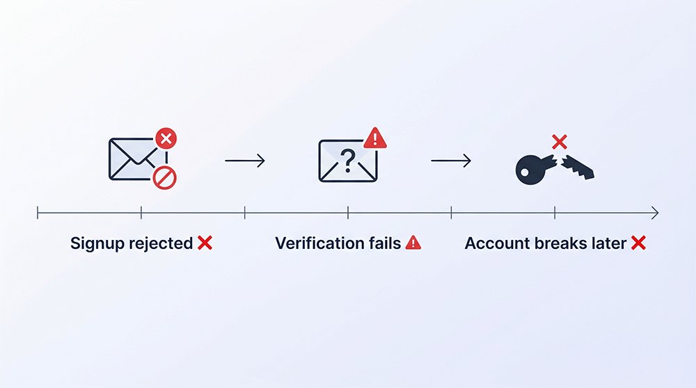 Three-stage lifecycle showing email rejection, verification failure, and account breakdown