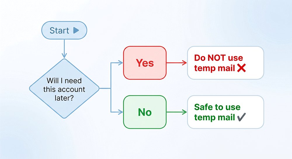 Simple decision flowchart showing whether to use temp mail based on future account need