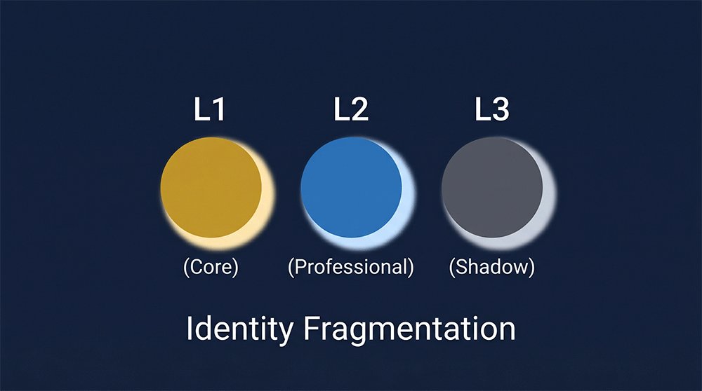 Diagram of the 3-level identity model showing Core, Professional, and Shadow identity silos.