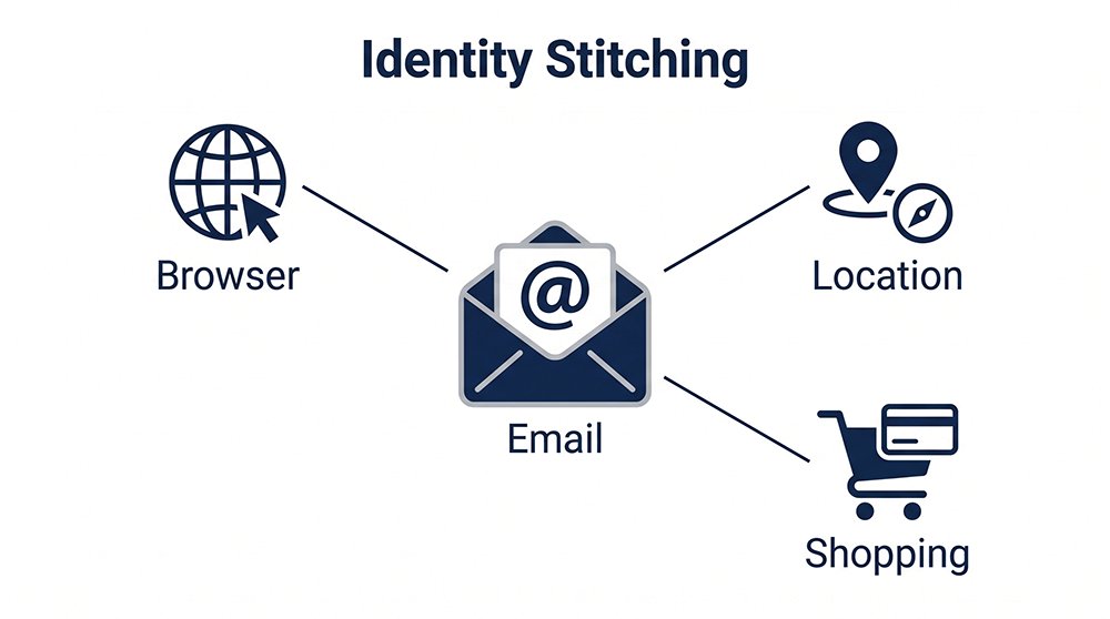 A minimalist diagram showing UID2.0 identity stitching: an email anchor connecting to fragmented user data points.