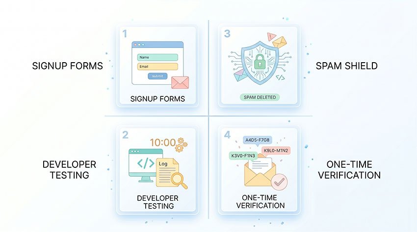 Common use cases of 10 Minute Mail including signup, testing, and spam prevention