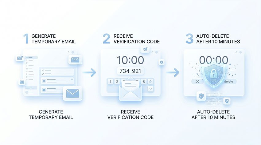 Step by step flow of how 10 Minute Mail generates and deletes temporary email inbox