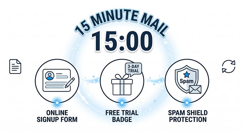 use cases of 15 Minute Mail including signups free trials and spam protection scenarios)