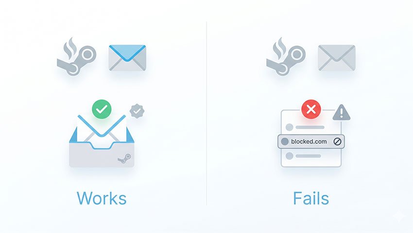 Comparison of working and blocked temp mail usage for Steam signup