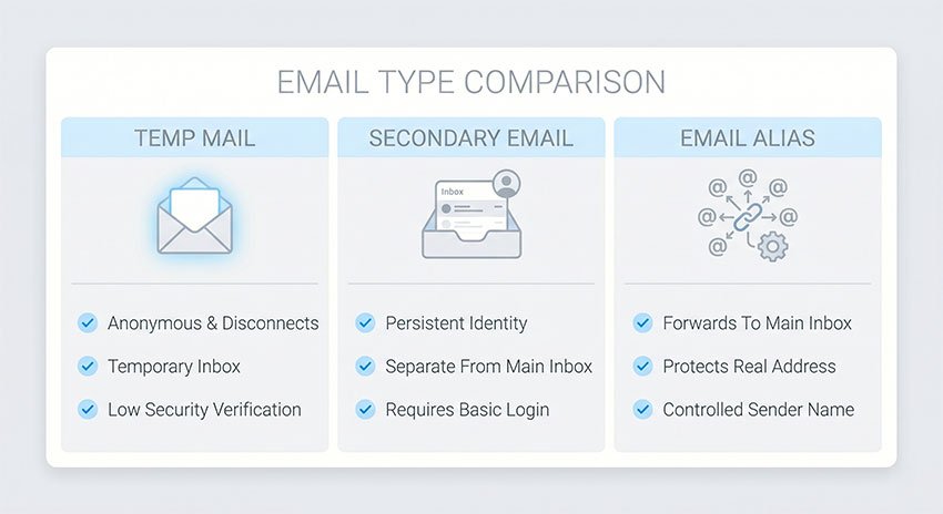 Comparison of temp mail, secondary email, and email alias usage scenarios