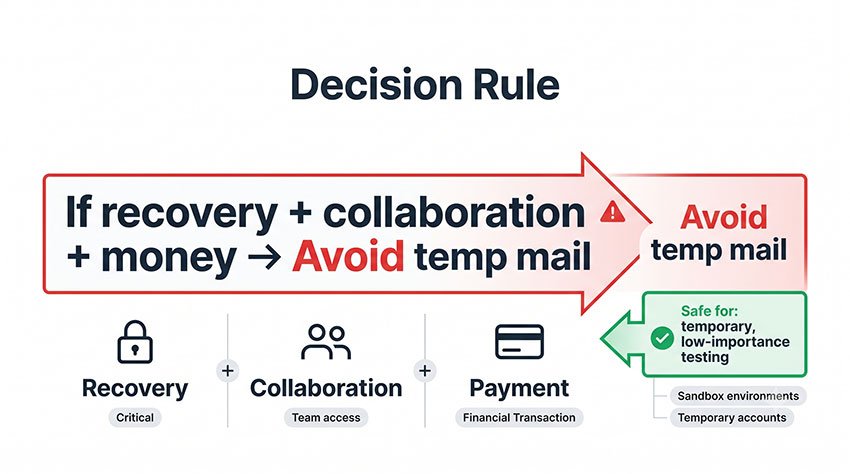 Decision rule infographic showing when to avoid temp mail for Canva based on risk factors like recovery, collaboration, and payment)