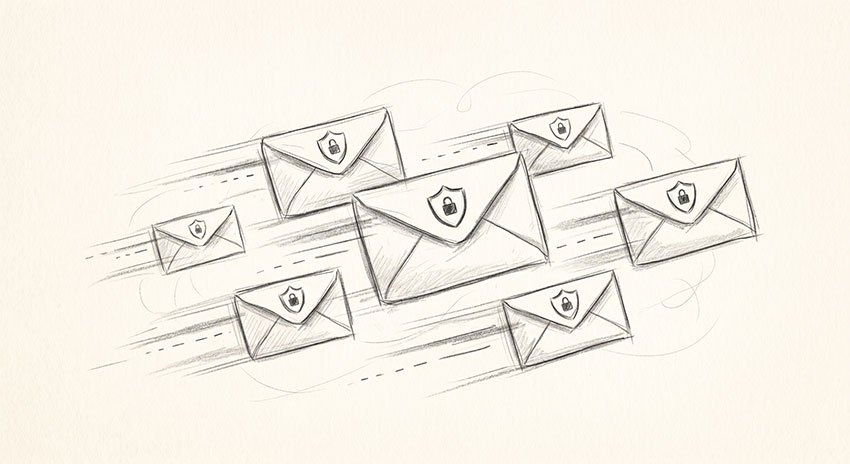 Hand-drawn concept of multiple temporary email envelopes with speed and shield icons, representing fast OTP delivery