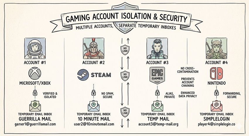 Hand-drawn concept of multiple gaming accounts with isolated inboxes, showing smurf and alt account separation